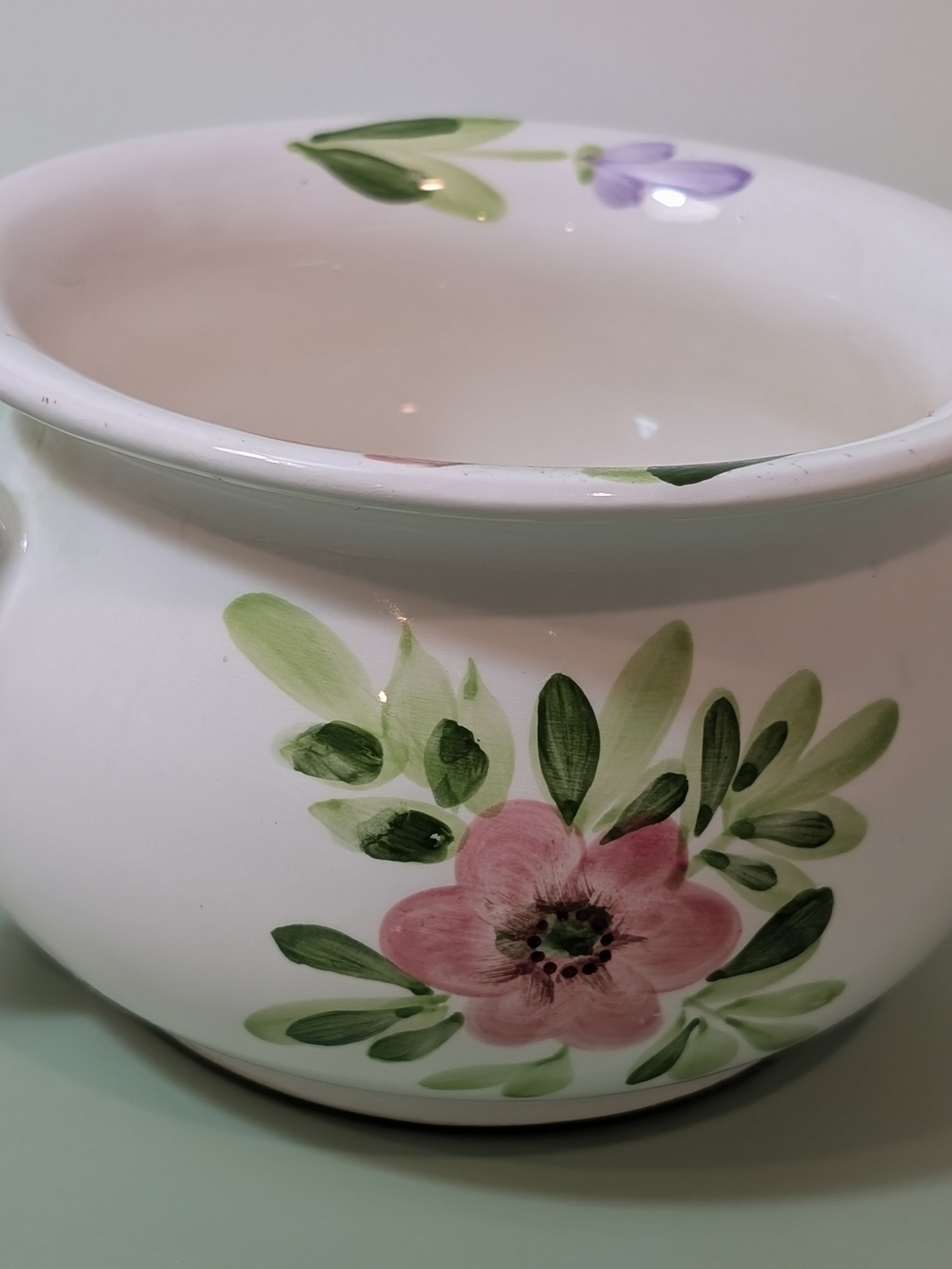 Antique Hand-Painted Ceramic Floral Bowl in Pink and Green